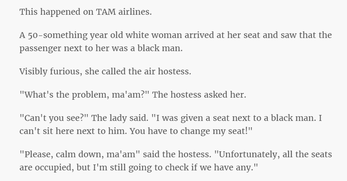 Woman Complains About Having To Sit Next To A Black Man On Her Flight, But The Air Hostess Has The Best Response Ever…