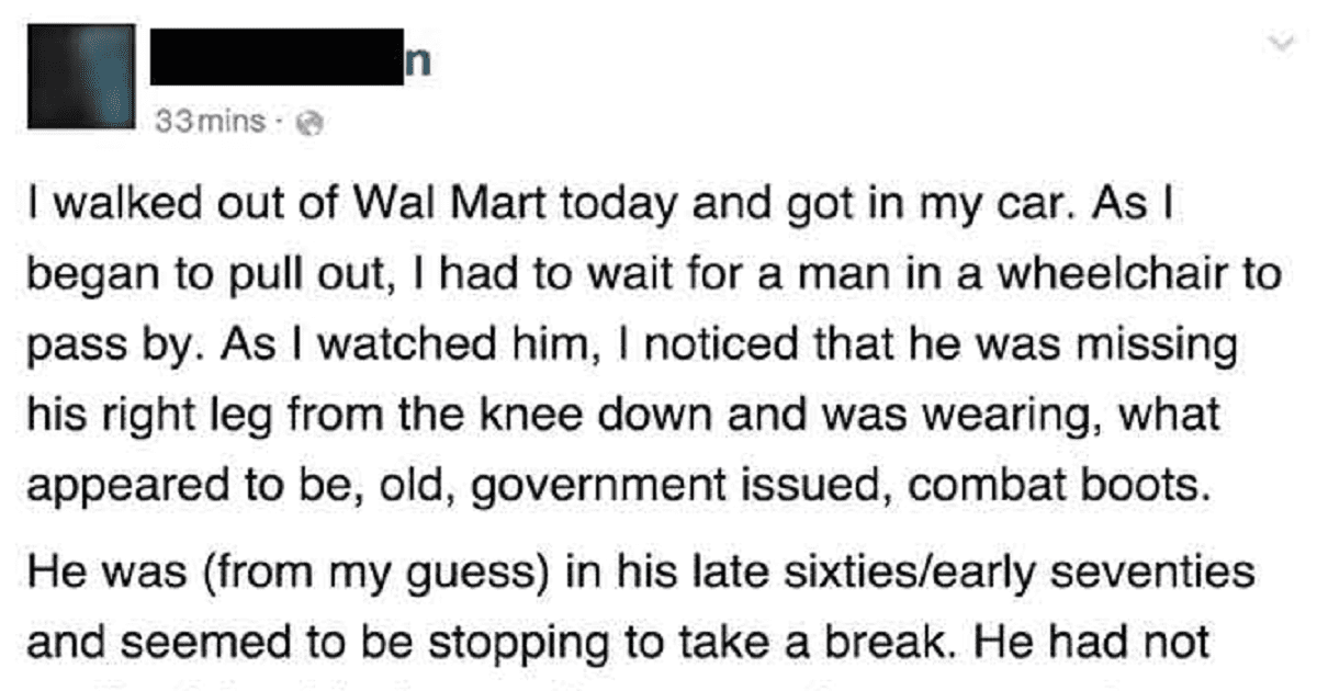 Woman Notices Veteran In Need Outside Walmart, Doesn’t Hesitate To Lend Helping Hand