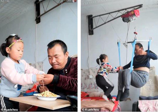 chinese girl takes care of paralyzed father